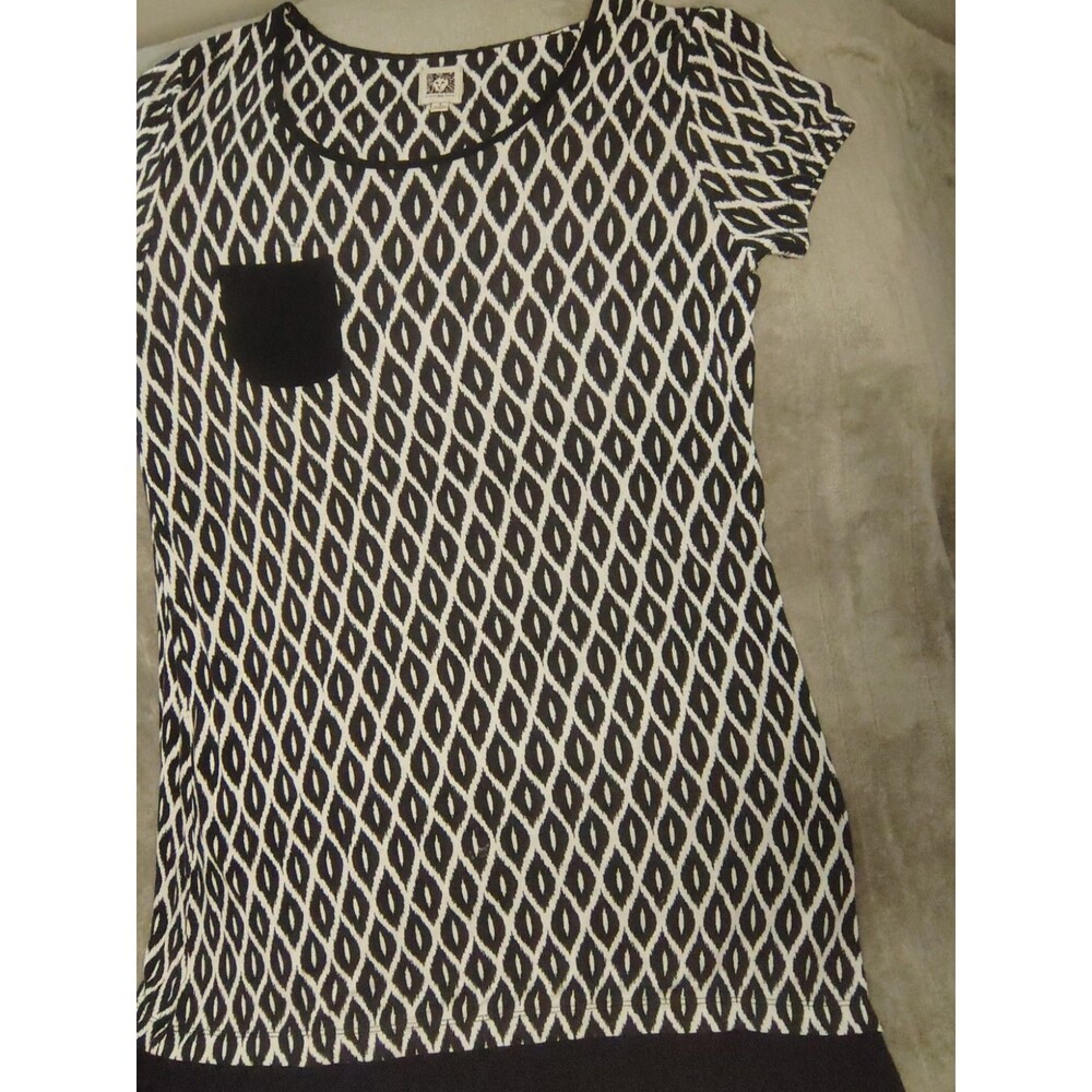 Women's Black White Geometric Print Round Neck Short Sleeve Pocket T-Shirt - Picture 2 of 2